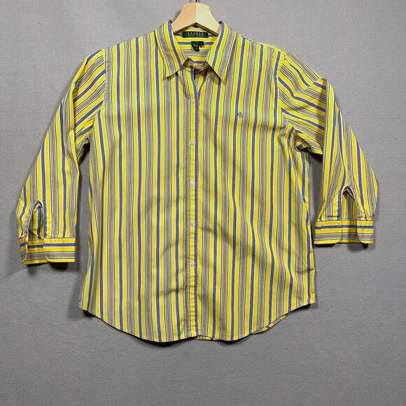 Lauren Ralph Lauren Shirt‎ Women Large Yellow Blue Striped Button Front Easter - Picture 1 of 10